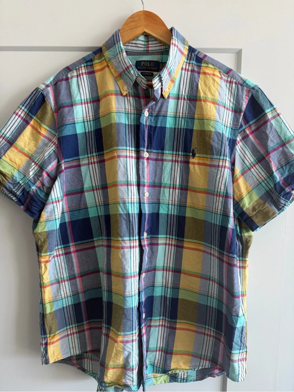 Polo by Ralph Lauren Blue, Yellow and Green Plaid Short-Sleeve Button-Down Shirt